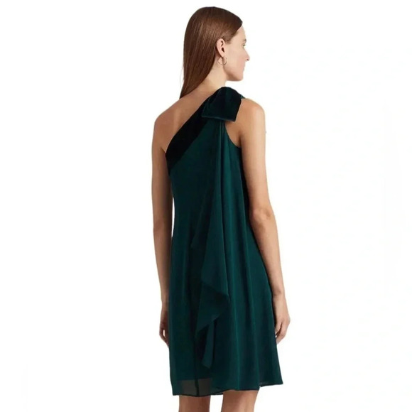 Lauren Ralph Lauren Chiffon One Shoulder Bow Forest Green Dress Sz 14 NWT - Picture 15 of 15